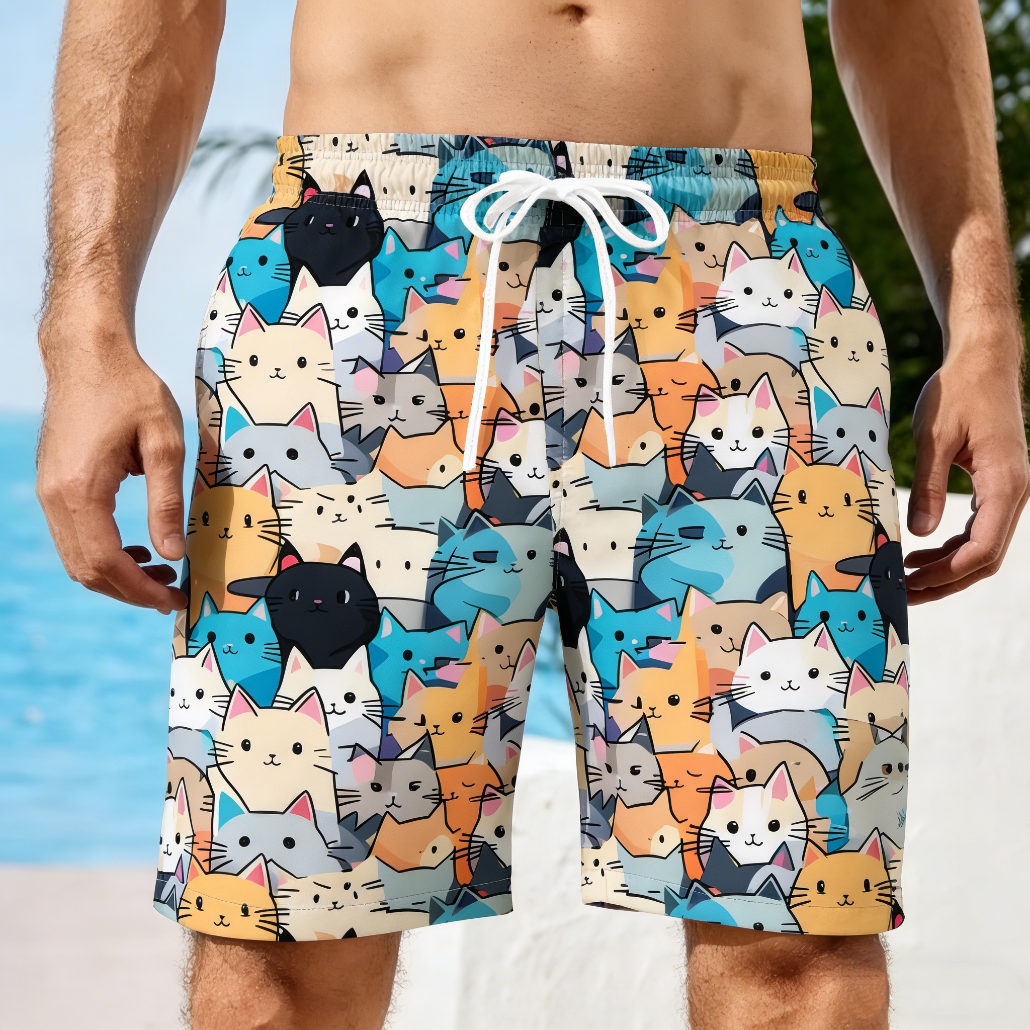 Trunks Board Surf - Men 3D Cat Graphic Beach Shorts