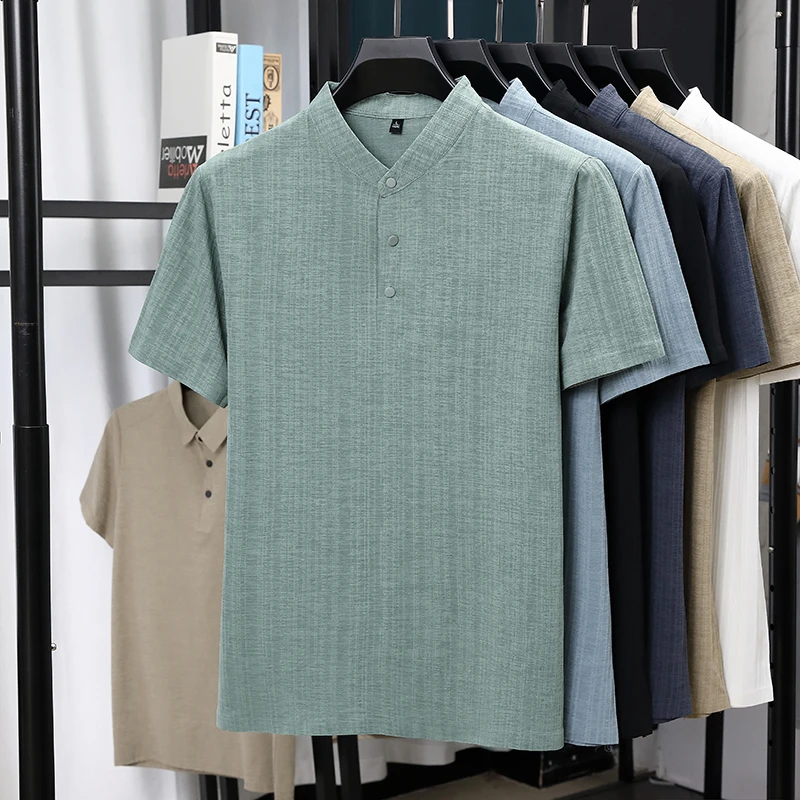 Mens Mandarin Collar Half Plac – обзор и цена Linen Shirt Breathable